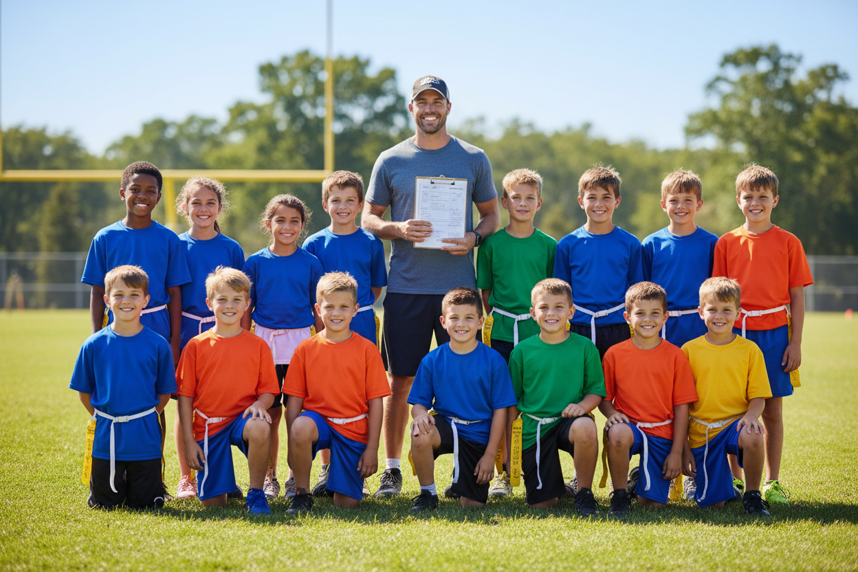 youth flag football coach with team
